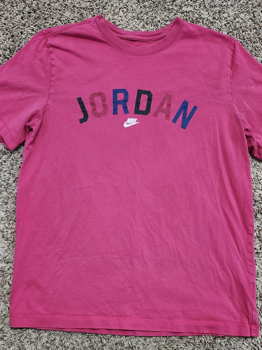 Jordan Mens Pink Graphic Tee with Multicolor Lettering